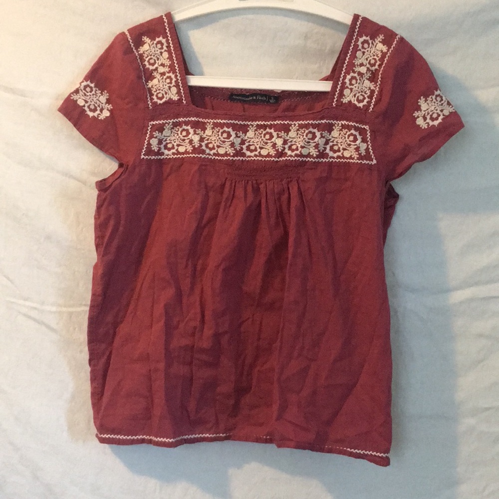 Burgundy embroidered A&F top